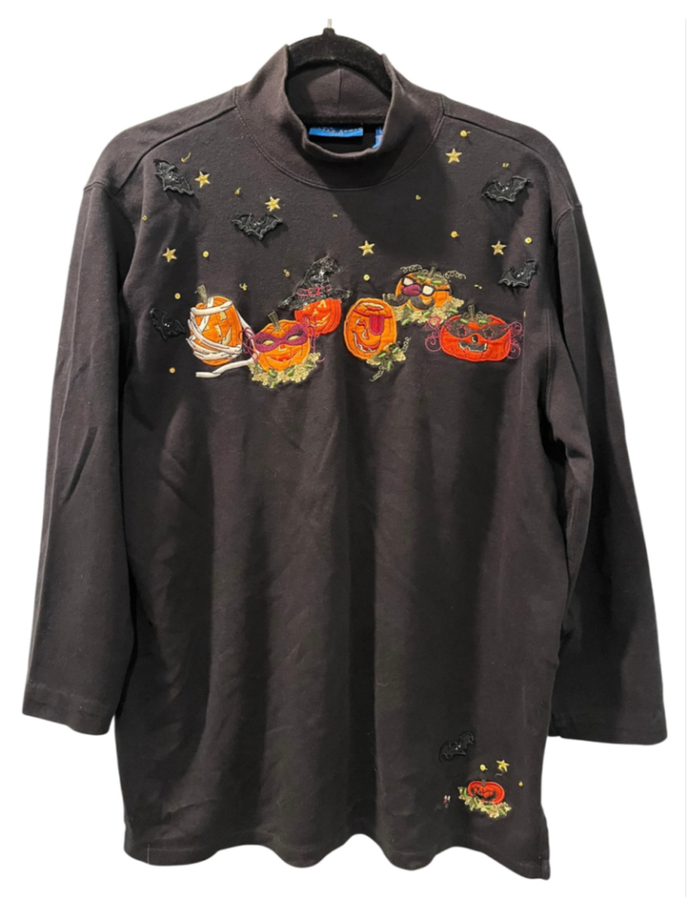 Vintage 90s Karen Scott Halloween Embroidered Mock Neck Shirt Pumpkin Large L